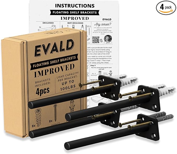 EVALD Hidden Floating Shelf Bracket | 6-Inch Heavy Duty Blind Shelf Support | Kitchen & Fireplace Mantel Bracket | Invisible Wall Mount Bracket 4 Pack