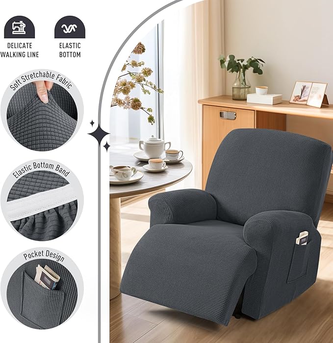 TAOCOCO Recliner Cover 4-Pieces, Recliner Stretch Sofa Slipcover, Recliner Cover 1 Seat, Couch Protector Soft, Furniture Protector Covers with Elastic,Chair Covers Jacquard Pattern (Charcoal Grey)