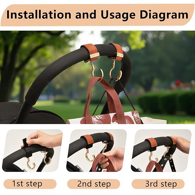 2 Pack Stroller Hooks,Strong Synthetic Leather Hook-and-Loop Fastener&High-Quality Metal Hooks,Universal Bag Clip|360° Rotation, 66lb Capacity,Non-Slip-Fits Wheelchair(Black-Silver Gray)