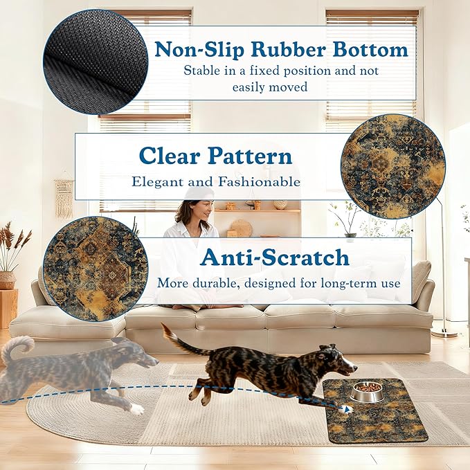 Grunge Boho Pet Feeding Mat for Floors–Absorbent Quick Dry Dog Cat Bowl Mat for Food and Water, Non Slip Waterproof Base, Mess-Free Feeding Accessories 16"x24"