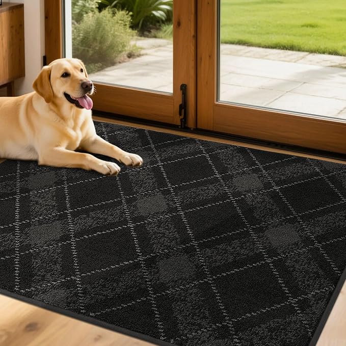 COSY HOMEER Plaid Door Mat 32" x 48",Dirt Trapper Entryway Rugs,Non-Slip Washable Farmhouse Doormat,Low Profile Welcome Mats for Paws Black