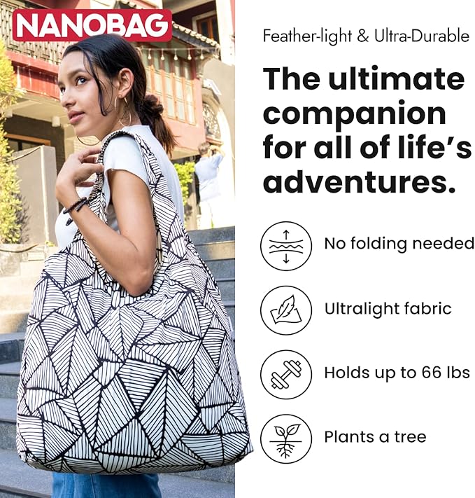 Nanobag Ultra-Lightweight Heavy Duty Foldable Tote for Women & Men, Reusable Grocery & Travel Bag, Packable Collapsible Compact Market Essential (XL Stars)