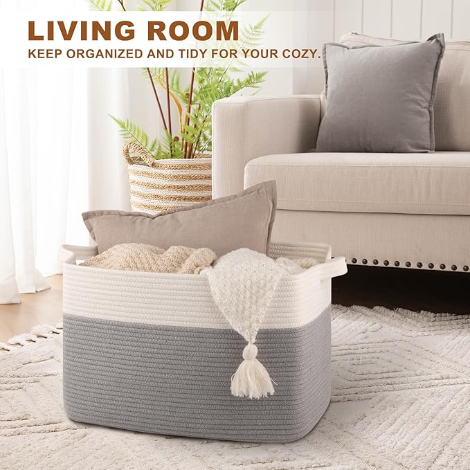 Blanket Basket for Living Room, Cotton Rope Basket for Storage, Toy Baskets Bin for kids, Woven Baskets with Handles for Clothes, Towels, Pillows, 20" x 16" x 12", Grey and White
