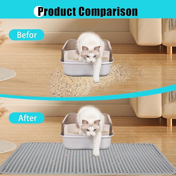 Cat Litter Mat, Kitty Litter Collector, Double Layered Honeycomb Design Waterproof, Anti Urine, Anti Slip, Easy to Clean, Limit Garbage (30"x24", Grey)