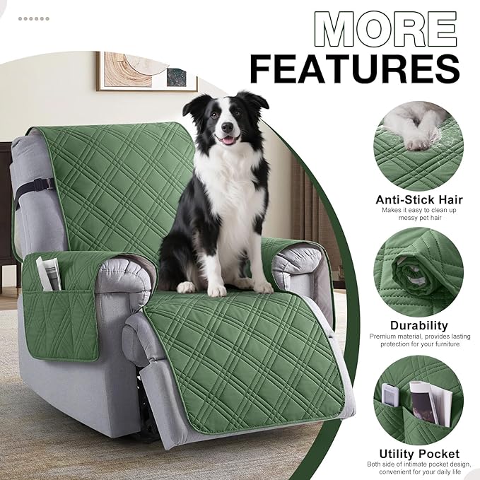 TAOCOCO 100% Waterproof Recliner Chair Cover, Non Slip Recliner Covers for Reclining Chair with Pocket, Washable Reclining Chair Cover Furniture Protector for Kids, Pets(Recliner Chair, Vine Green)
