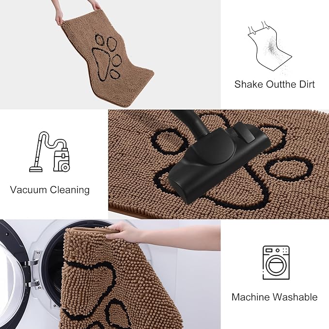 Smiry Dog Door Mat for Muddy Paws, Absorbent Dirt Trapper Non Slip Quick Dry Washable Chenille Mat for Mud Dogs, Entry Rug for Indoor and Outdoor (71x46 Inches, Coffee and Black)