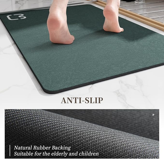 Bath Mat Rugs - Bath Mats for Bathroom Non Slip Absorbent Quick Dry Rubber Backed Thin Bath Rug - Bathroom Floor Mat Bathmat Stain Resistant Easy Care, Machine Washable 17"x27.5", Dark Green