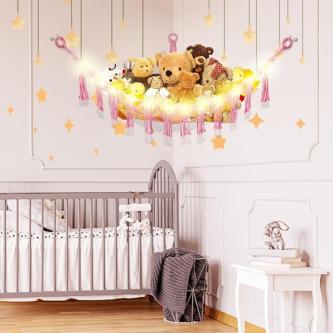 CERETIA Stuffed Animal Hammock with LED Light, Large Stuffed Animals Storage Corner Plushie Net for Kids Room Decor, 2 Packs Pink