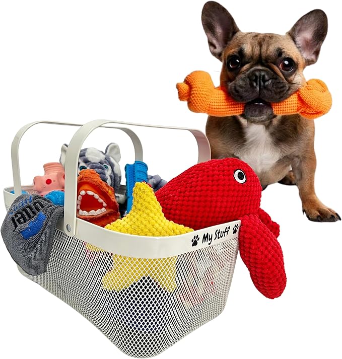 Dog Toy Basket Metal Mesh Metal, Chew Proof, 16 (L) x 9.5 (W) x 7 (H) inches White Dog Toy Bin, Sturdy Pet Toy Basket