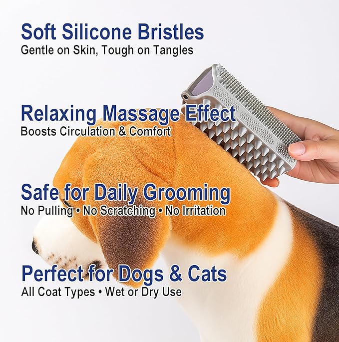 3-in-1 Pet Grooming & Bath Brush for Dogs and Cats, Triple-Sided Design with Cone Massage Tips, Long Self-Cleaning Deshedding Nubs, Short Bathing Nubs, Soft Silicone Brush with Hanging Loop, Green