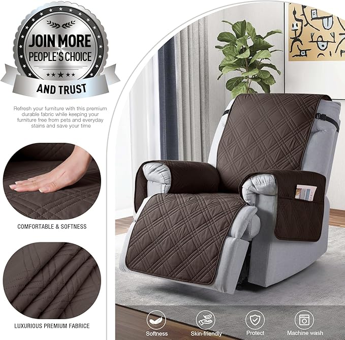 TAOCOCO 100% Waterproof Recliner Chair Cover, Small Recliner Covers for Recliner Chair with Pocket, Non Slip Reclining Chair Cover Furniture Protector for Kids, Pets(20'', Chocolate)