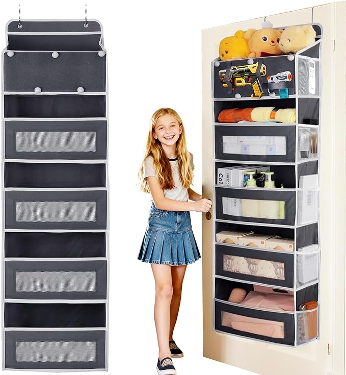 5-Tier Over the Door Storage Organizer with 5 Side Mesh Pockets, 40lbs Large Load Capacity with 2 Hooks Design, Door Hanging Organizer with Clear Windows for Closet Bathroom Bedroom Nursery - Grey
