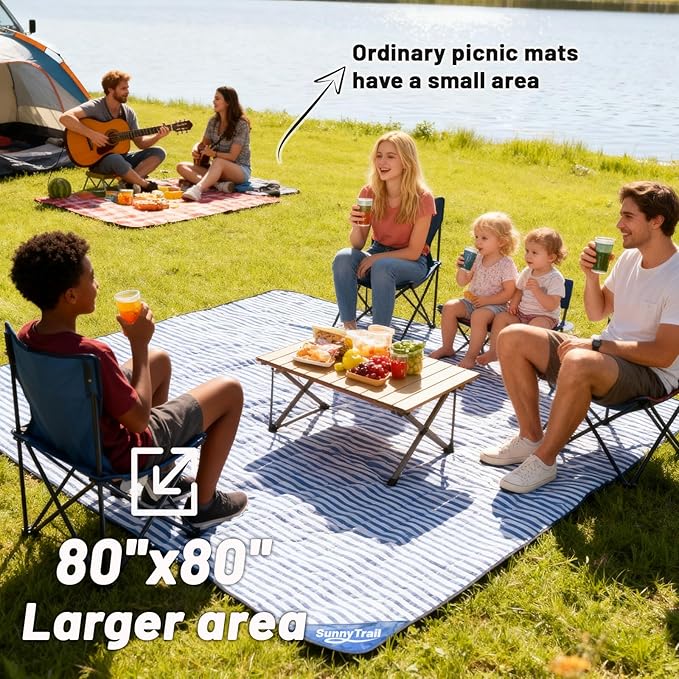 Large Waterproof Picnic Blanket 80"x80" – Extra Large Outdoor Mat for Beach, Park, Grass, Lawn, Camping, Sandproof & Portable, Foldable Rug, Wedding Registry Gift for Family & Travel
