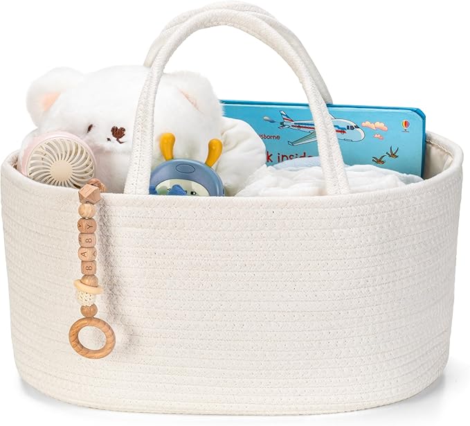 Diaper Caddy Organizer, Empty Gift Basket for Newborn Essentials, Baby Storage Basket, Stylish Gift Bag for Baby Shower, Boys and Girls - Large, Off White