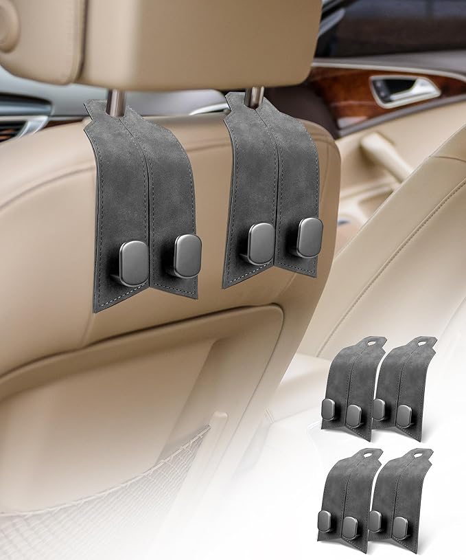 Car Hooks for headrest, 4 Pack seat Back Storage Hook Luxurious Leather 100.% Metal,car Hanger & Holder for heatrest,seat,Bag,Purse (Grey)