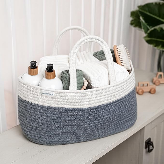 Comfy Cubs Rope Diaper Caddy Organizer 8.5" x 15" x 8" - Large Baby Diaper Basket with 3 Spacious Compartments - Stylish Cotton Baby Caddy Organizer for Diapers, Wipes & Essentials - Pacific Blue