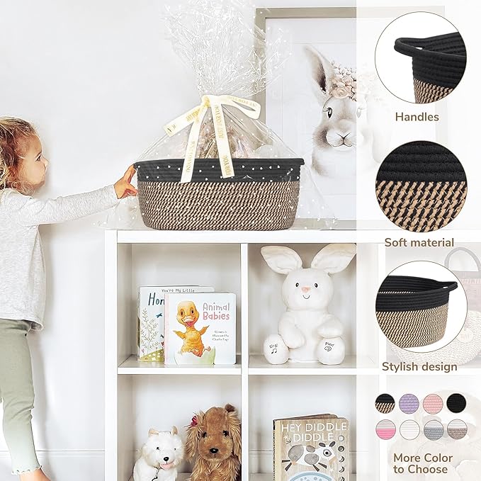 CHICVITA Gift Basket Empty, Small Basket with Gift Bags & Ribbon for Easter, Woven Baskets for Storage, Dog Toy Storage,13.6"x 10" x 6", Black & Jute