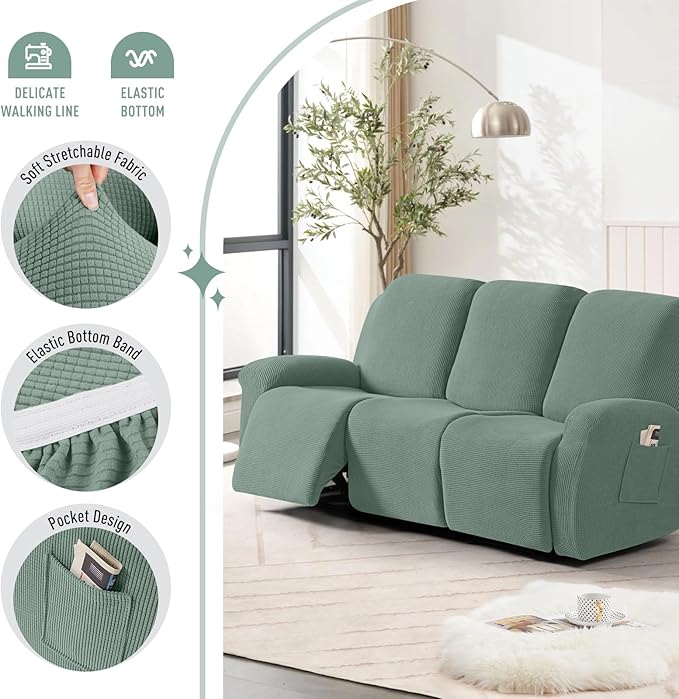 TAOCOCO Recliner Sofa Covers 8-Pieces Stretch Large Couch Covers for 3 Seats Reclining Slipcovers Soft Jacquard Pattern Furniture Protector (Sage Green)