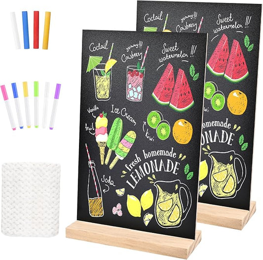 2 Pack 8.1x12 in Chalkboard Signs with Stand for Tables Small Chalk Board Signs Tabletop Message Board Sign with Wood Base for Home Decorations Coffee Shop Restaurant Kitchen Wedding Party