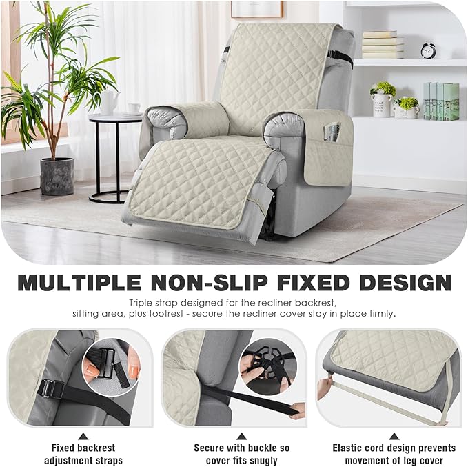 TAOCOCO 100% Waterproof Recliner Chair Cover Non-Slip Reclining Cover for Recliner Chair Washable Chair Seat Cover with Elastic Straps for Pets Sofa Slipcover with Pocket (Small 23'', Ivory)