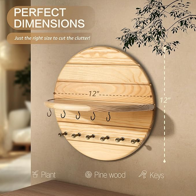 Rebee Vision Pine Wood Key Holder Wall Mount Decorative – Round Wooden Rustic Key Holder for Wall with 11 Hooks and Floating Shelf– Circular Mail Organizer for Home Decor, Living Room (Natural Wood)