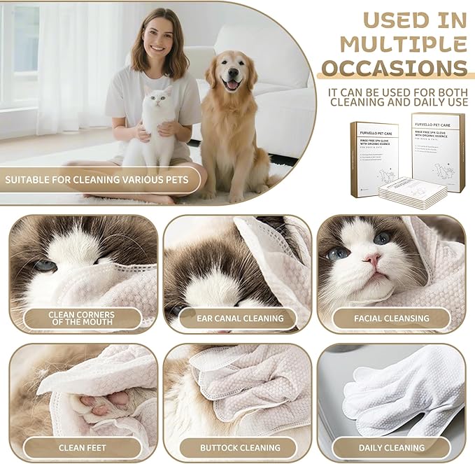 Nourishing & Deodorizing Pet Glove Wipes for Dogs & Cats, 4-in-1 Grooming Wipes (Clean, Comb, Massage, Nourish), 7 Plant Extracts, Extra Thick, Hypoallergenic, Lick-Safe, Fruity Note, 6PCS