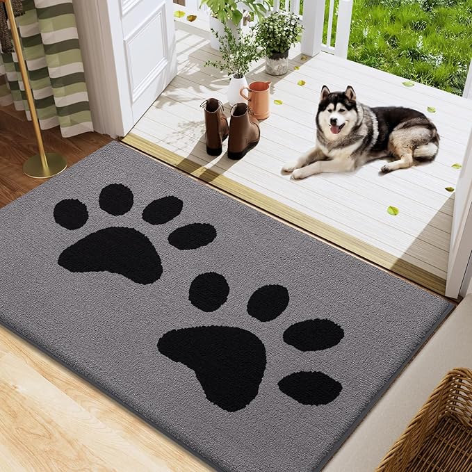 Buganda Dog Door Mat for Muddy Paws, Absorbent Dirt Trapper Washable Indoor Doormats, Non Slip Low-Profile Mud Mat for Dogs, Front Entrance Doormat for Inside Floor (48x30 Inches, Grey)
