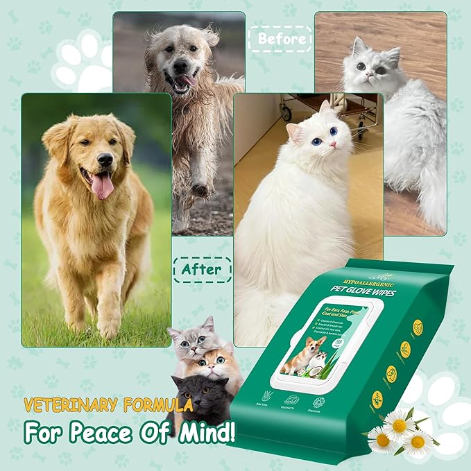 CHPPEY 40PCS Pet Cleaning and Deodorizing Grooming Glove Wipes for Dogs and Cats, Extra Thick Nourish Fur No-Rinse Grooming Wipes for Daily Care and Travel, Hypoallergenic