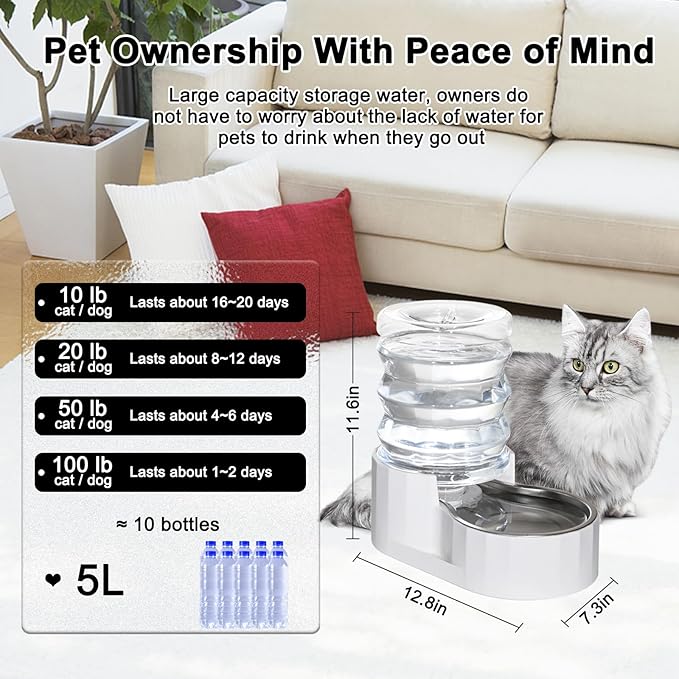 RIZZARI Automatic Dog Water Bowl: 5L Gravity Stainless Steel Cat Water Dispenser - with Two Caps and Filters for 8-20 LB Elderly Dogs with Spinal Problems - for Kitchen Bedroom