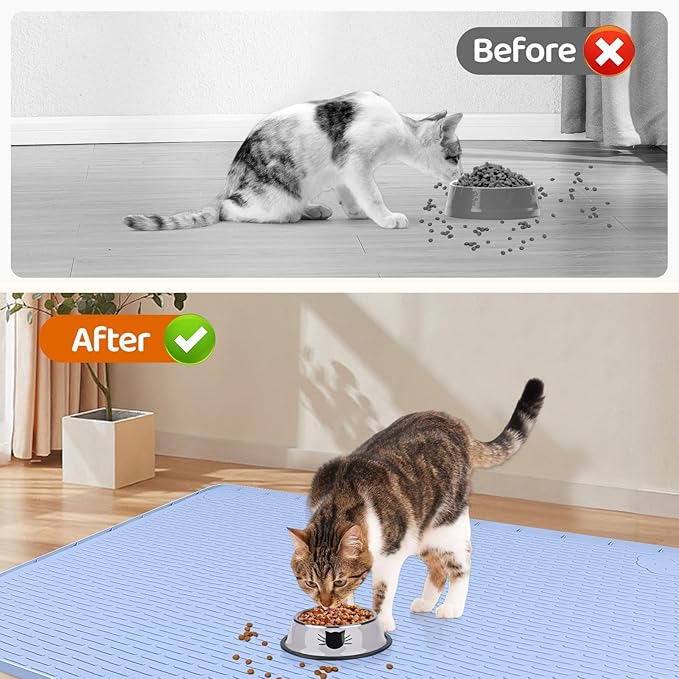 Bartuke Cat Food Mat, 40" x 28" Extra Large Silicone Pet Feeding Mat with Raised Edge Pet Placemat for Food and Water Bowl Non-Slip, Easy to Clean, Floor Protection (Blue)