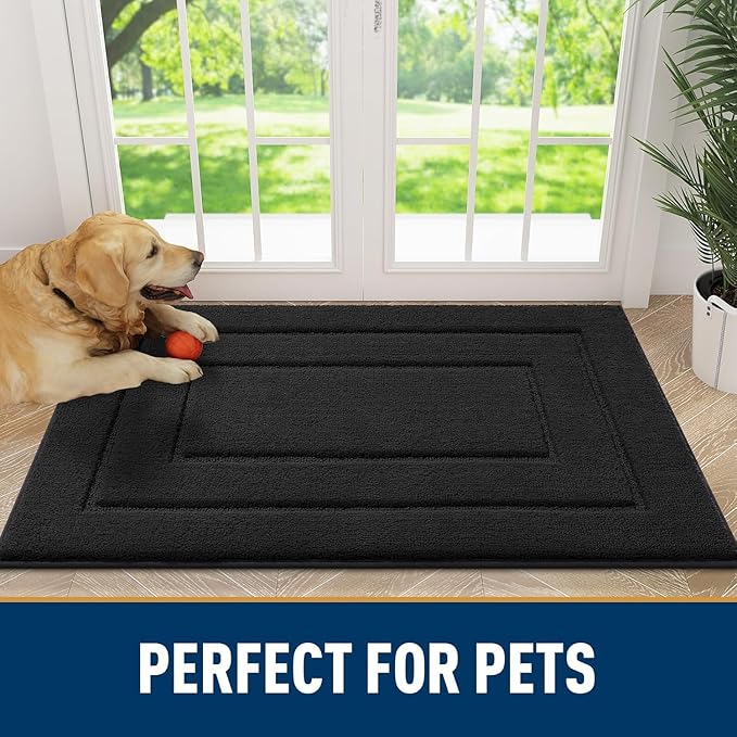 Smiry Dog Door Mat for Muddy Paws, Absorbs Moisture and Dirt, Low-Profile Entryway Mat with Non-Slip Backing, Entry Indoor Outdoor Doormat for Inside Floor (30x20 Inches, Black, Bordered)