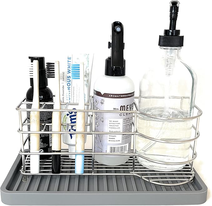 Happitasa Silicone Kitchen Sink Organizer Tray, Sponge Holder and Countertop Protector | Bathroom and Kitchen Soap Dish and Dispenser Tray (Smoky Blue, 10"x5.25")