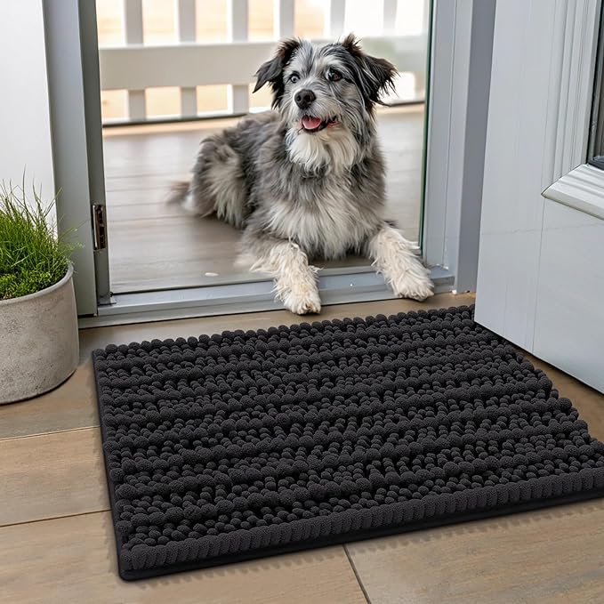 Smiry Dog Door Mat for Muddy Paws 24x16, Extra Soft Absorbent Chenille Doormat, Trap Moisture and Dirt, Non-Slip Machine Washable Front Door Mat for Indoor Entrance Inside Floor, Black