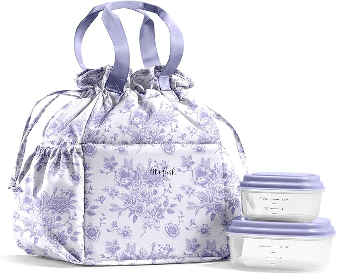 Fit & Fresh Cromwell Drawstring Lunch Bag for Women, Complete Lunch Set with 2 Containers, Stain-Resistant, Leak-Resistant, Back to School Essential, Teacher Lunchbox, Lavender Floral Toile