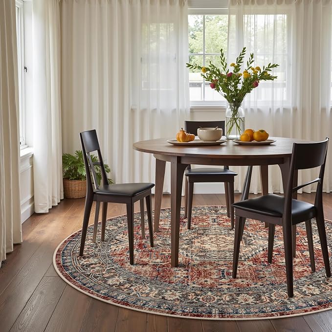 Lahome Oriental Washable Round Area Rug, Non-Slip Round Rugs 6ft Ultra-Thin, Soft Large Throw Circle Carpet for Living Room Bedroom Kitchen Nursery Eleanor, Brick Red