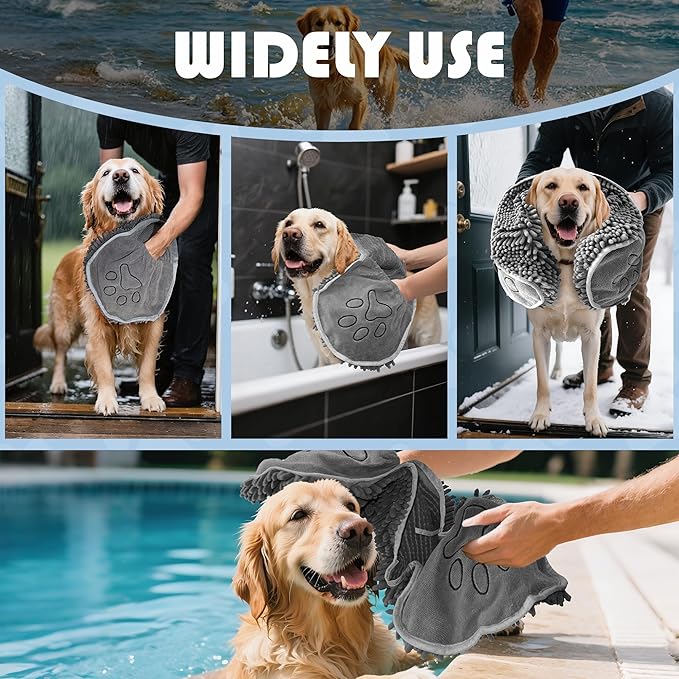 Super Absorbent Dog Towel with Hand Pockets, Fast Drying Microfiber Pet Towel for Bath, Beach & Rain, Machine Washable, 32"x14", Grey
