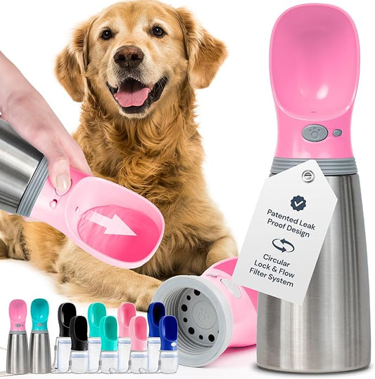 MalsiPree Insulated Dog Water Bottle - 24 Oz, Pink - Leak-Proof Stainless Steel Portable Travel Dispenser & Bowl for Trail Hiking, Park Visit, Camping & Beach Days