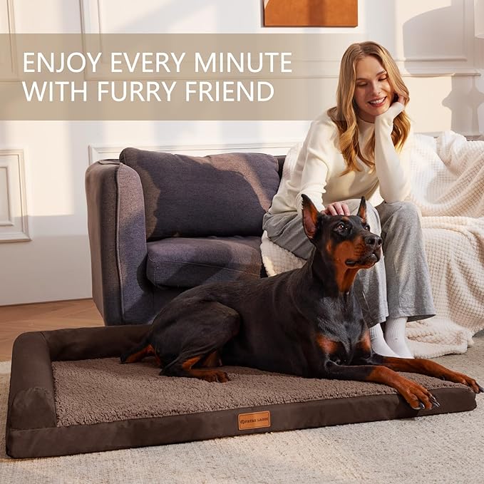 Patas Lague Orthopedic Dog Bed Large Sized Dog 36''X24'', Waterproof L Bolster Medium Pet Sofa Beds with Removable Washable Cover, Soft Pet Couch Crate Mat with Nonskid Bottom, Brown