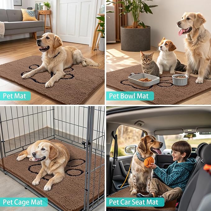 Smiry Dog Door Mat for Muddy Paws, Absorbent Dirt Trapper Non Slip Quick Dry Washable Chenille Mat for Mud Dogs, Entry Rug for Indoor and Outdoor (70x32 Inches, Camel and Black)