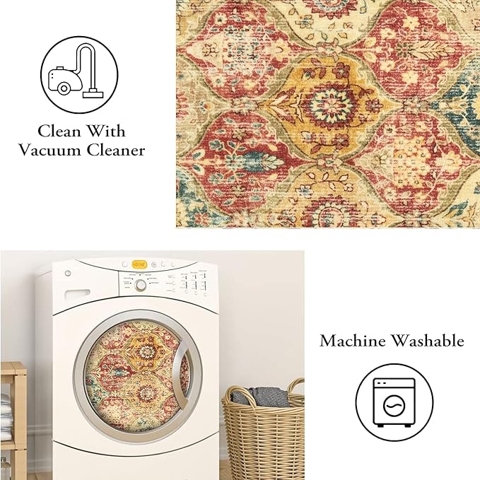 Lahome Moroccan Trellis Washable Round Area Rug, Round Rug 5ft Soft Non-Slip, Non-Shedding Distressed Circle Carpet for Bedroom Living Room Bathroom Nursery Kitchen Elise, Red/Orange