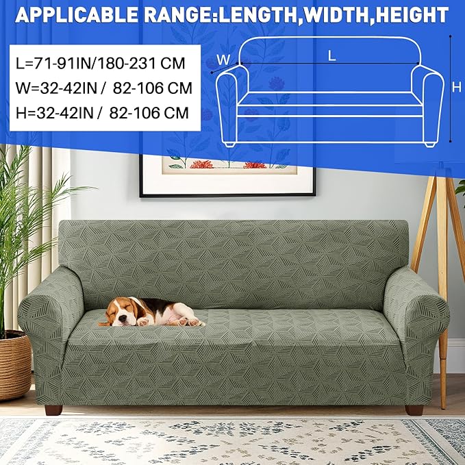 YEMYHOM 1 Piece Stretch Couch Covers for 3 Cushion Couch, Jacquard Sofa Cover with Non-Slip Elastic Bottom, Thickened Slipcover Furniture Protector for Dogs Pets (Large, Army Green）
