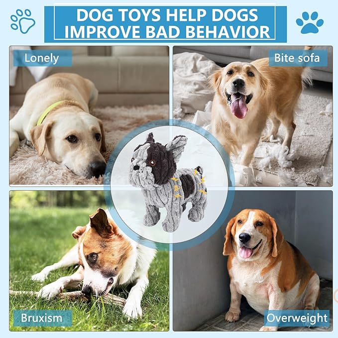 Letsmeet Dog Toys Plush Interactive Dog Toy with Crinkle Paper and Squeaker, Reduce Boredom and Anxiety, Cute Dog for Small Medium Large Dogs, Grey