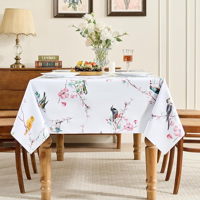 Romanstile Spring Square Vinyl Tablecloth, 100% Waterproof Oil-Proof Plastic Table Cloth, Heavy Duty Vinyl Table Cover for Dining, Camping, Picnic, Outdoor - 54 x 54 Inch, Bird