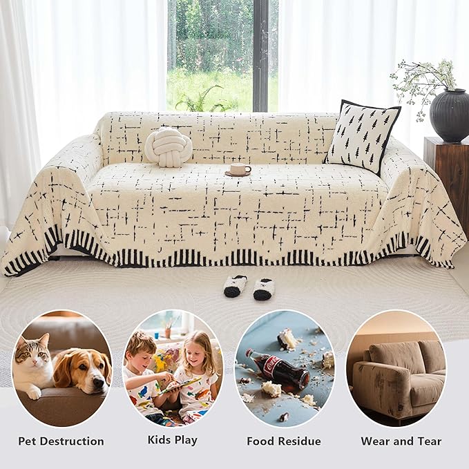 Sherpa Fleece Couch Cover for 2 Cushion Sofa, Beige, 71" x 118" – Pet Proof Sofa Covers, Heavy Duty, Scratch Resistant, Pet Friendly Furniture Cover – Easy Install, Machine Washable