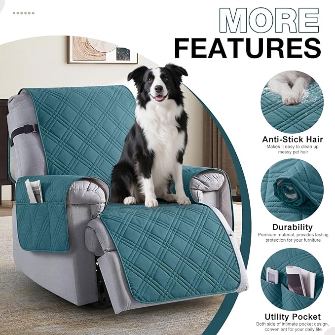 TAOCOCO Waterproof Recliner Chair Cover, Non Slip Oversized Recliner Covers for Recliner Chair with Pocket, Reclining Chair Cover Furniture Protector for Kids, Dogs(28'', Peacock Blue)