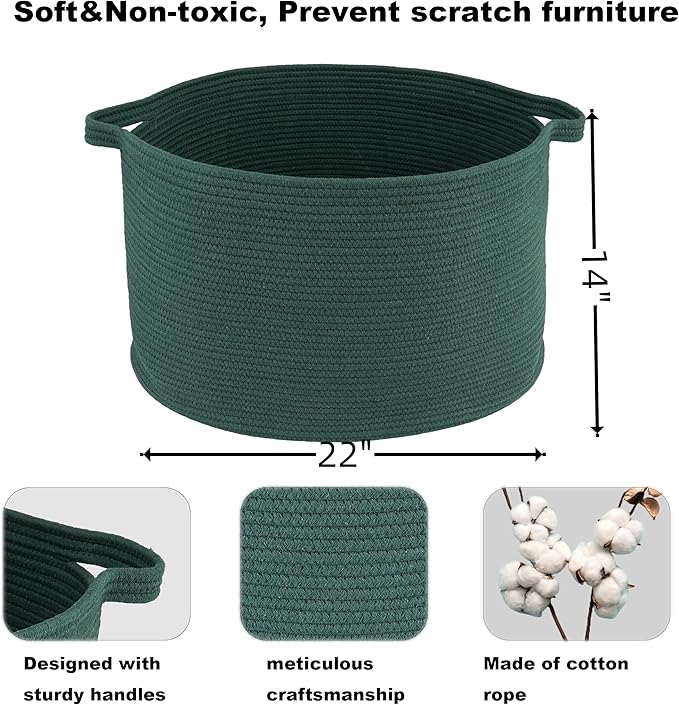 XUANGUO Extra Large Cotton Rope Basket – 22"x14" Woven Storage Basket for Blankets, Toys, Laundry, and Nursery – Round Baskets for Living Room and Kids Dark Green