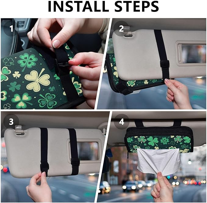 Car Tissue Holder Car Napkin Holder Car Tissue Box Dispenser Storage Case Sun Visor Mask Holder with Adjustable Straps Reusable Refillable Green Clover Leaves