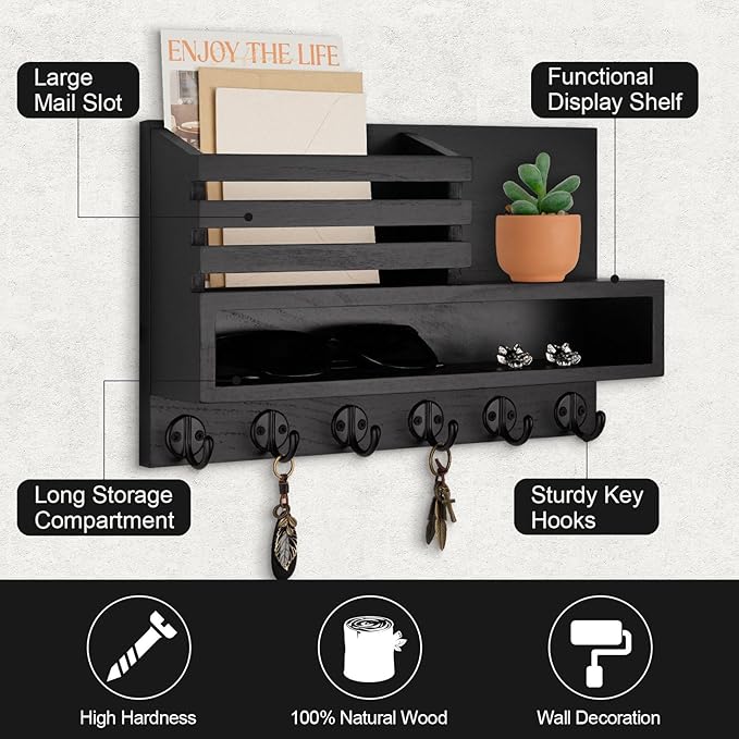 Lucundm Key and Mail Holder Wall Mount, Key Hanger with Long Storage Box and Key Hooks for Coat, Dog Leash, Home Decor Rack, House Accessories, Entry Way Organizer