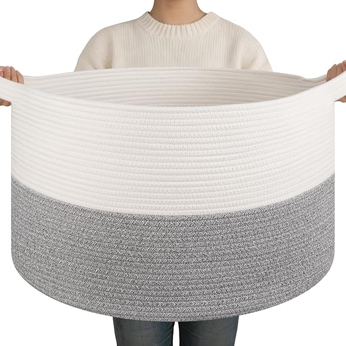 OIAHOMY 90L XXXLarge Blanket Basket for Living Room, 21.7" x 13.8" Woven Cotton Rope Laundry Basket for Organizing Pillows, Decorative Stuffed Animal Toy Storage for Nursery, White and Light Grey