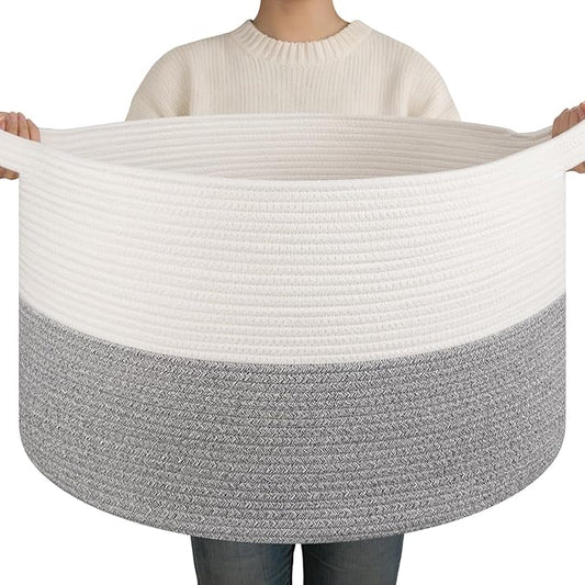 OIAHOMY 90L XXXLarge Blanket Basket for Living Room, 21.7" x 13.8" Woven Cotton Rope Laundry Basket for Organizing Pillows, Decorative Stuffed Animal Toy Storage for Nursery, White and Light Grey